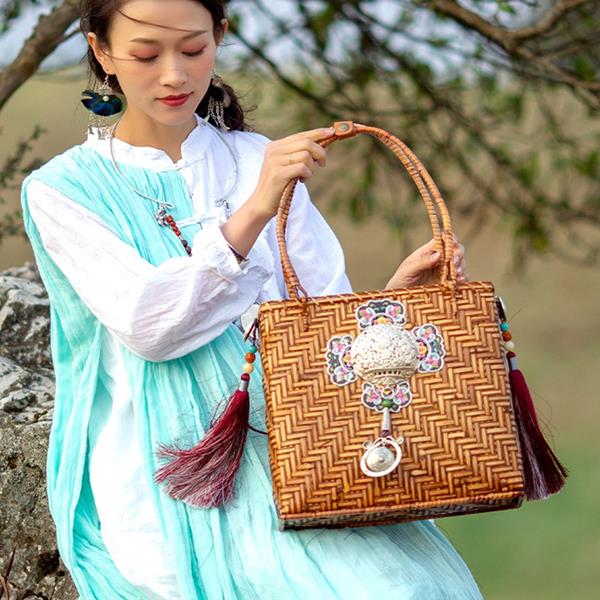 Hand-knitted Straw woven bag Shoulder Beach Vintage Wicker Straw Bag