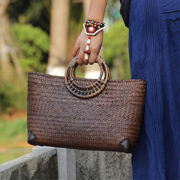 Hand-knitted Handbag Straw woven bag Vintage Casual Women Beach Straw Bag