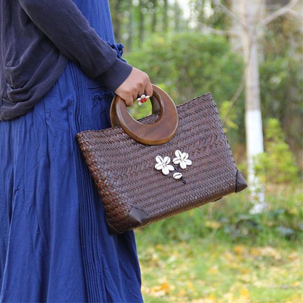 Handmade Straw woven bag Vintage Wicker Handbag Beach Wooden Handle Straw Bag