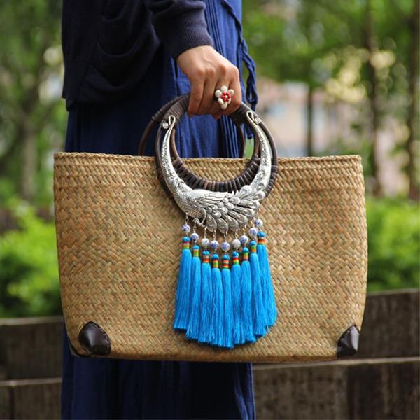 Handmade Straw woven bag Vintage Handbag Beach Wicker Straw Bag