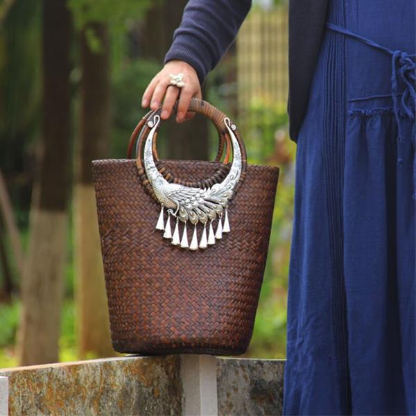 Handmade Straw woven bag Beach Casual Handbag Vintage Bucket Women Peacock Straw Bag