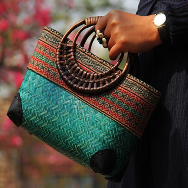 Vintage Handmade Bamboo woven bag Beach Straw Bag