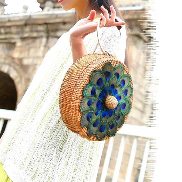 Hand-knitted Straw woven bag Peacock Handbag Vintage Beach Wicker Women Straw Bag