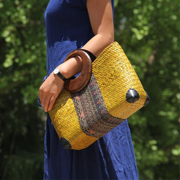 Straw woven bag Fashion Women Hand-knitted Beach Vintage Handbag Wicker Wooden Handle Straw Bag