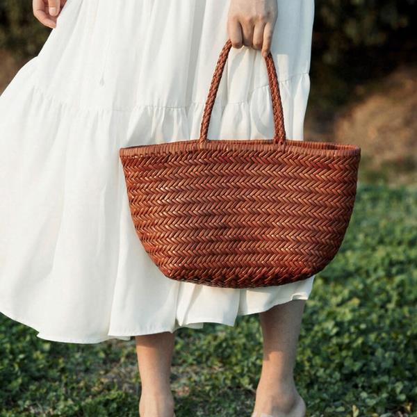 Hand-knitted Summer Genuine leather Handbag Straw Bag