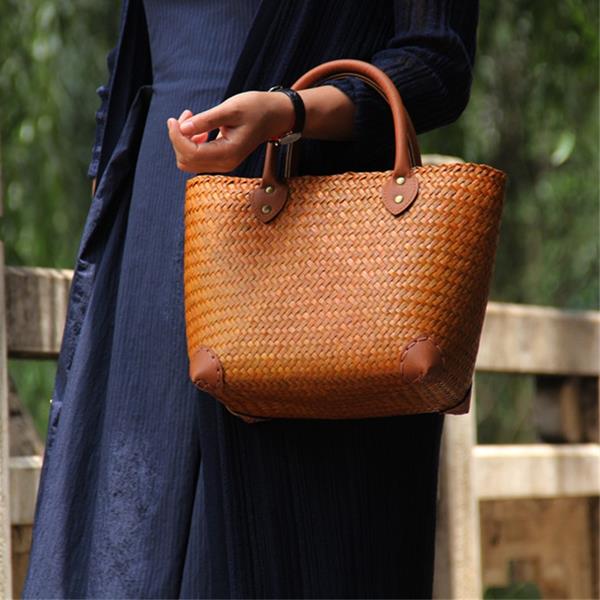 Hand-knitted Straw woven bag Vintage Beach Wicker Leather handle Straw Bag