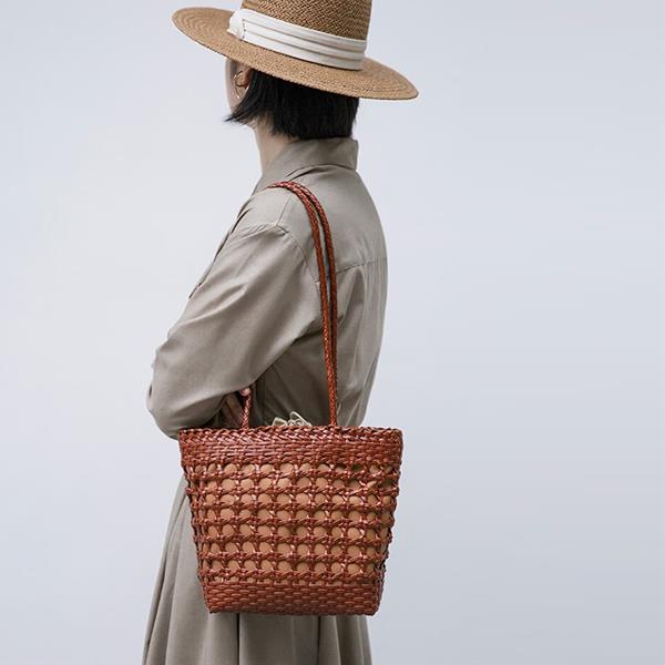 Genuine leather Handmade Hollow out Woven bag Shoulder Handbag Straw Bag