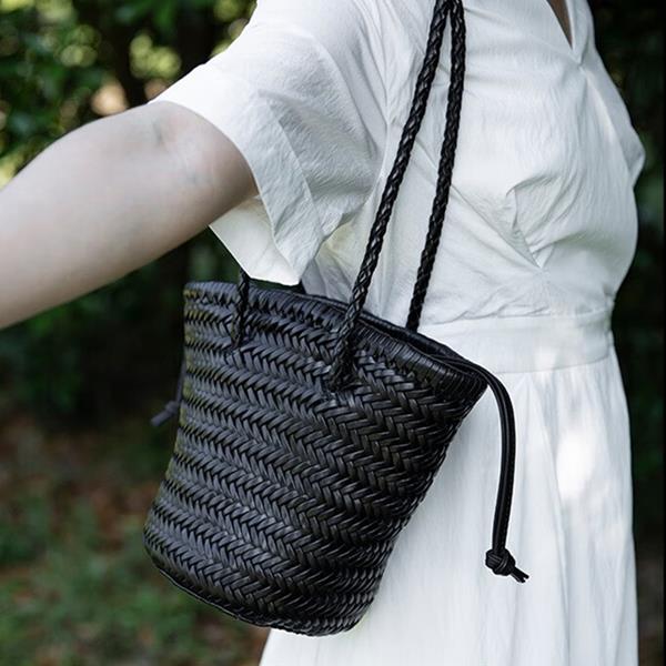 Handmade Genuine leather Woven bag Shoulder Bucket Straw Bag