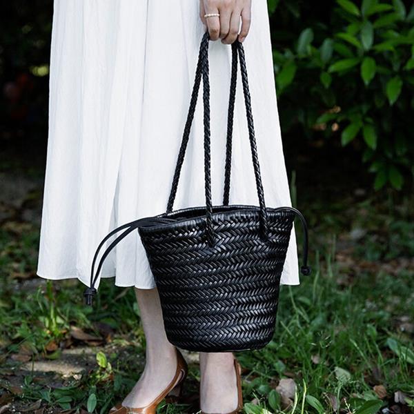 Handmade Genuine leather Woven bag Shoulder Bucket Straw Bag