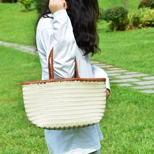 Handmade Woven bag Genuine leather Handbag Shoulder White Straw Bag