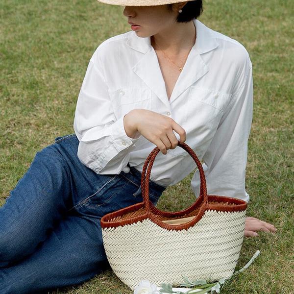 Hand-knitted Genuine leather Handbag Fashion Straw Bag