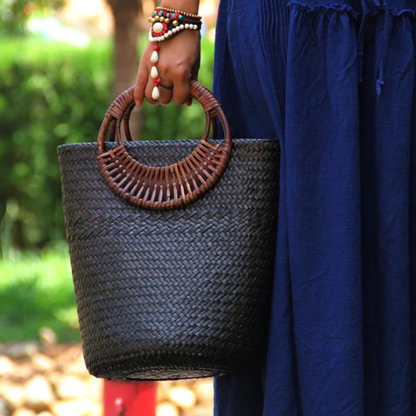 Handmade Straw woven bag Handbag Beach Wicker Bucket Wooden Handle Straw Bag