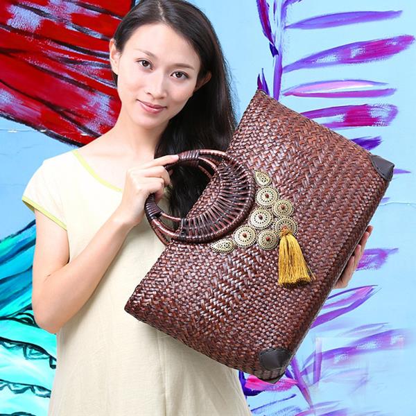 Hand-knitted Straw woven bag Beach Vintage Handbag Casual Rattan handle Women Straw Bag