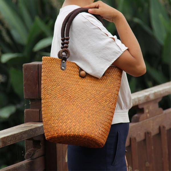 Handmade Straw woven bag Rattan handle Beach Shoulder Bucket Straw Bag