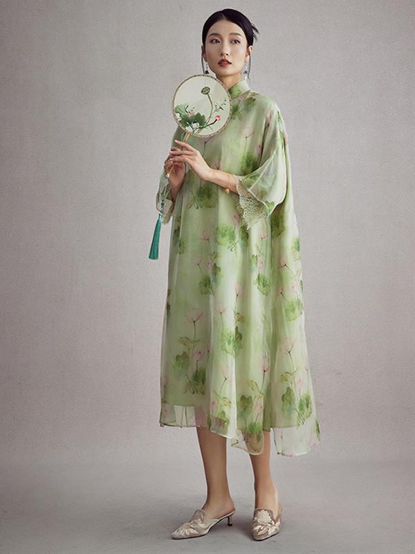 Silk Printing Qipao cheongsam Loose Dress Women Wear