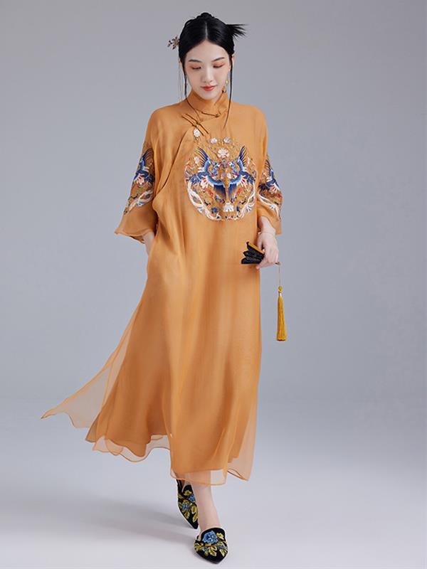 Summer Vintage Embroidery Qipao cheongsam Silk Dress Women Wear