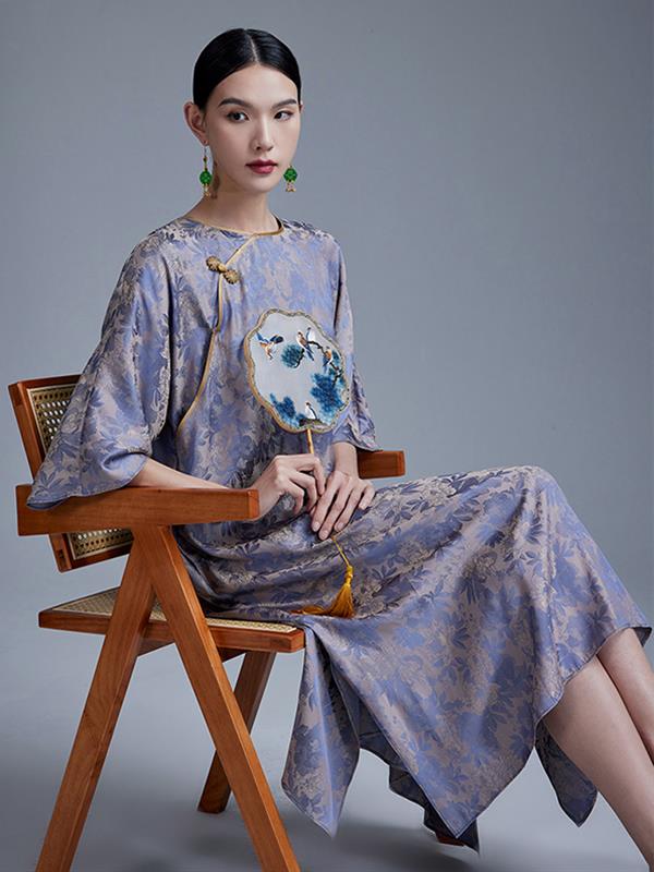 Summer Jacquard satin Round neck Loose Qipao cheongsam Dress Women Wear