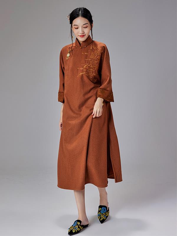 Vintage Loose Embroidered Qipao cheongsam Woolen Dress Women Wear