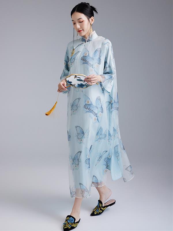 Summer Vintage Silk Printing Qipao cheongsam Dress Women Wear