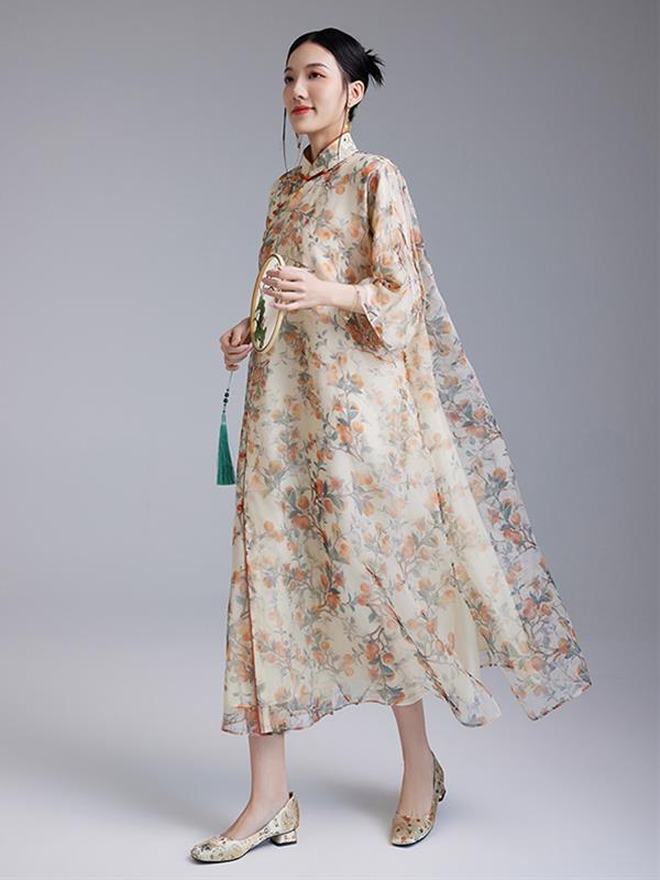 Summer Vintage Silk Organza Qipao cheongsam Dress Women Wear