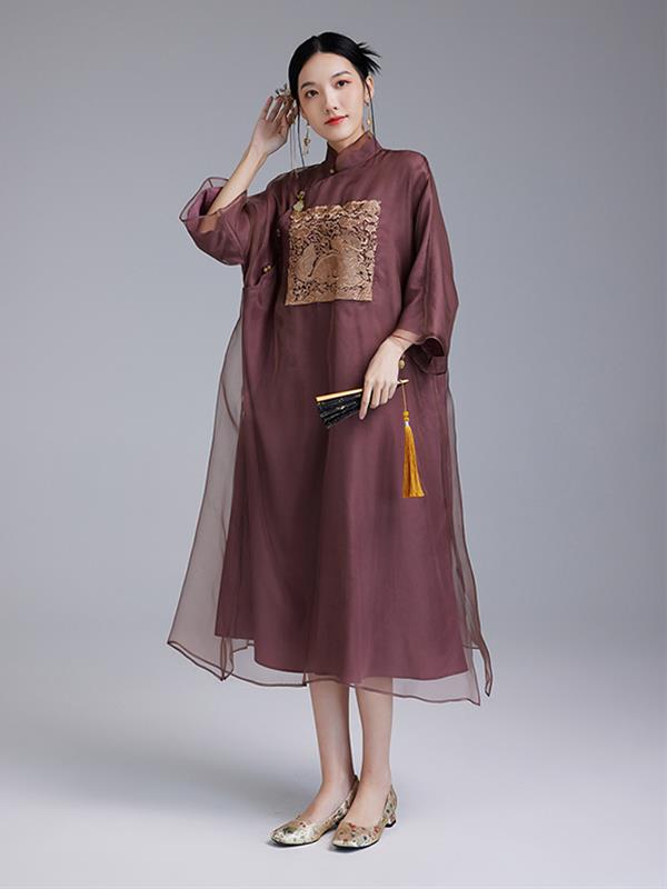 Loose Qipao cheongsam Silk Embroidery Dress Women Wear