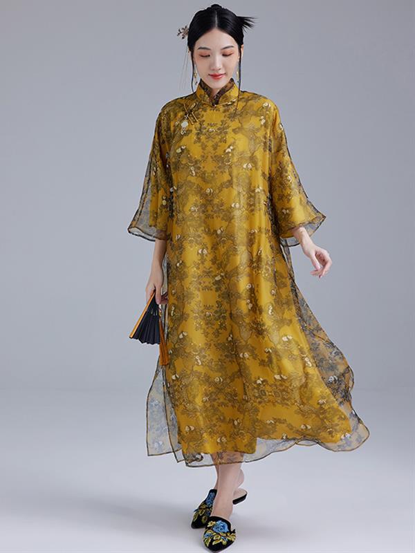 Summer Silk Printing Qipao cheongsam Dress Women Wear