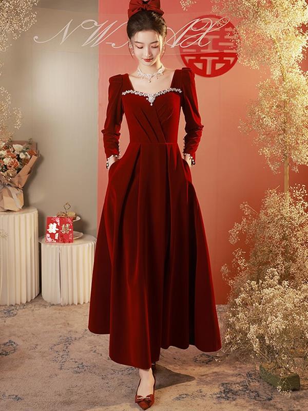 Bride Red Long-sleeves Velvet Marry Qipao Wedding