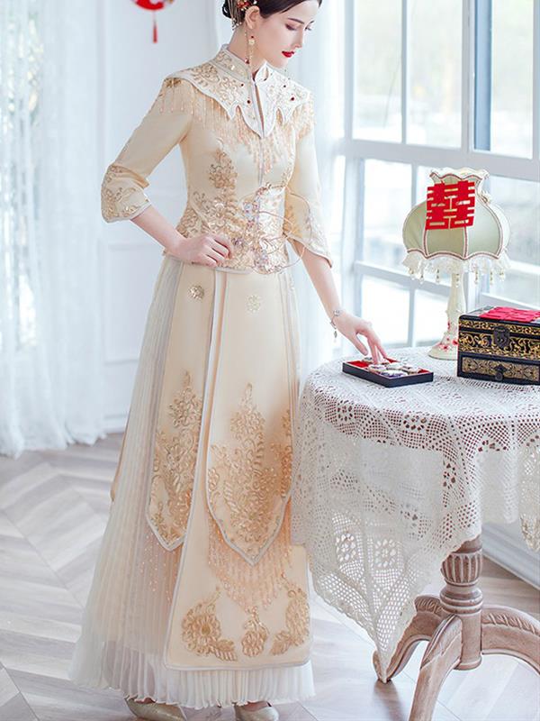 Xiuhe clothing Bride Marry Tradition Qipao cheongsam Champagne Xiuhe Wedding