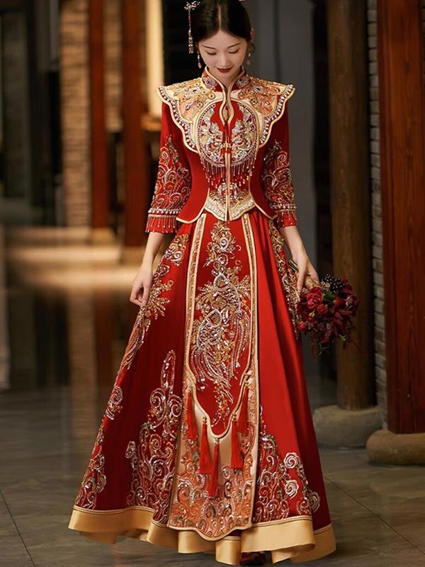 Xiuhe clothing Bride Marry Dragon and Phoenix gown Wedding clothes Velvet Xiuhe Wedding