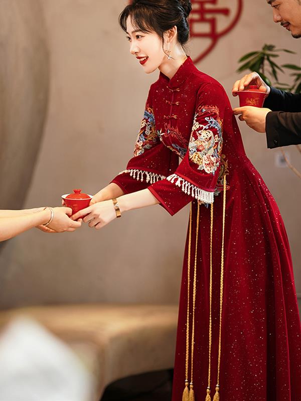 Qipao cheongsam Bride Velvet Xiuhe clothing Marry Red Qipao Wedding