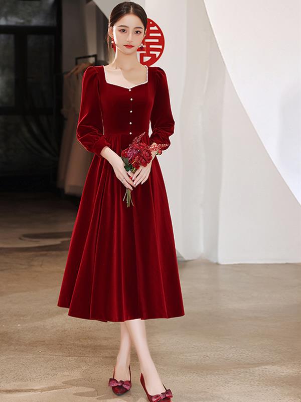 Bride Red Evening dress Long-sleeves Qipao Wedding