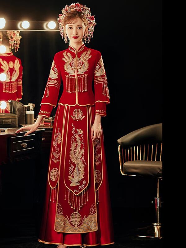 Velvet Xiuhe clothing Bride Marry Tradition Qipao cheongsam Xiuhe Wedding