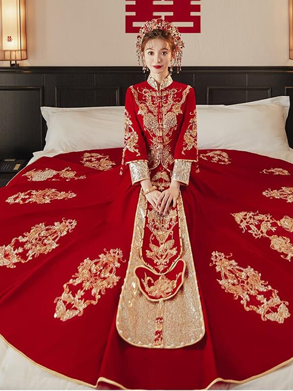 Velvet Xiuhe clothing Bride Marry Dragon and Phoenix gown Wedding clothes Xiuhe Wedding