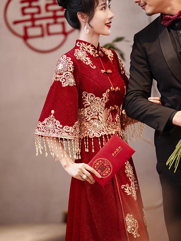 Bride Qipao cheongsam Marry Stand-collar Red Long-sleeves Qipao Wedding