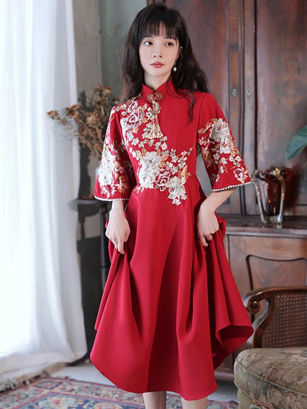 Bride Red Mini dress Summer Qipao Wedding