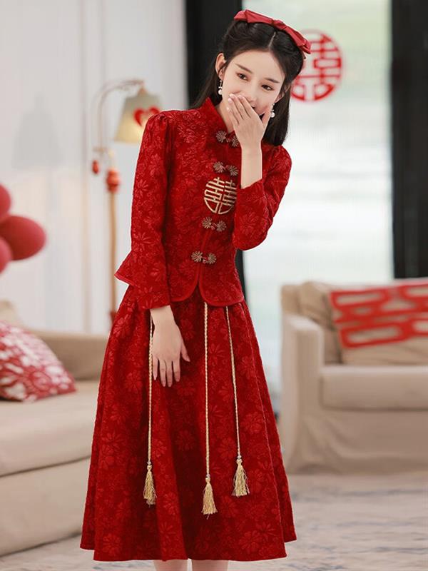 Bride Red Qipao cheongsam Xiuhe clothing Long-sleeves 2piece set Marry Qipao Wedding