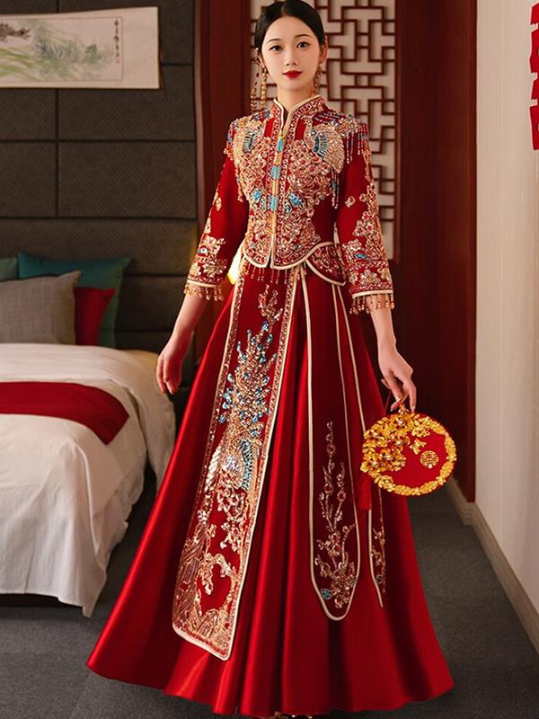 Velvet Xiuhe clothing Marry Bride Wedding clothes Dragon and Phoenix gown Xiuhe Wedding