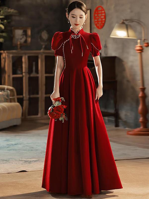 Bride Velvet Marry Evening dress Red Qipao Wedding