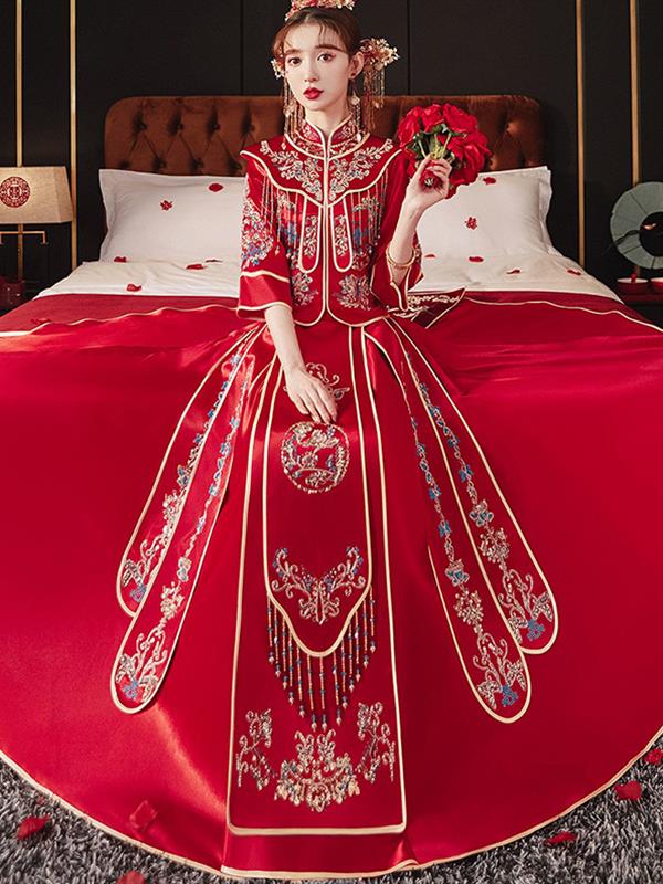 Xiuhe clothing Bride Marry Tradition Dragon and Phoenix gown Qipao cheongsam Xiuhe Wedding