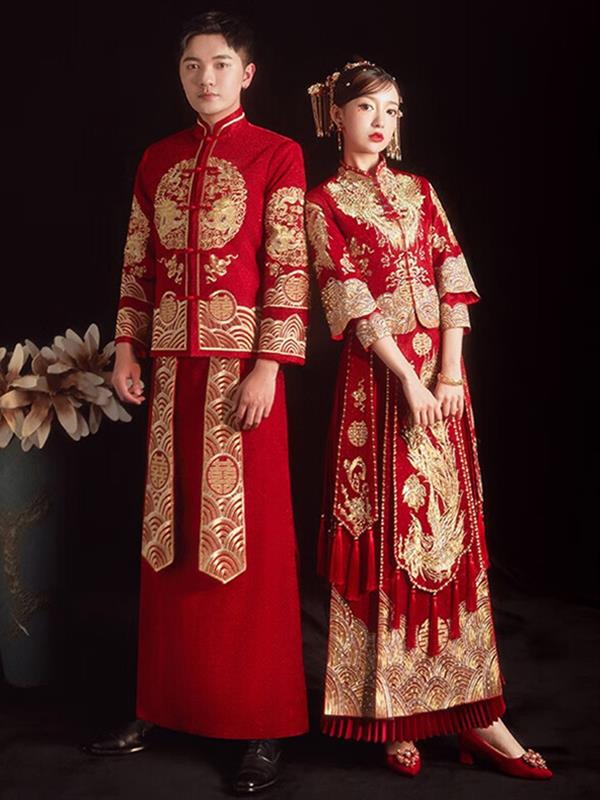 Xiuhe clothing Bride Couple Marry Tradition Qipao cheongsam Dragon and Phoenix gown Xiuhe Wedding