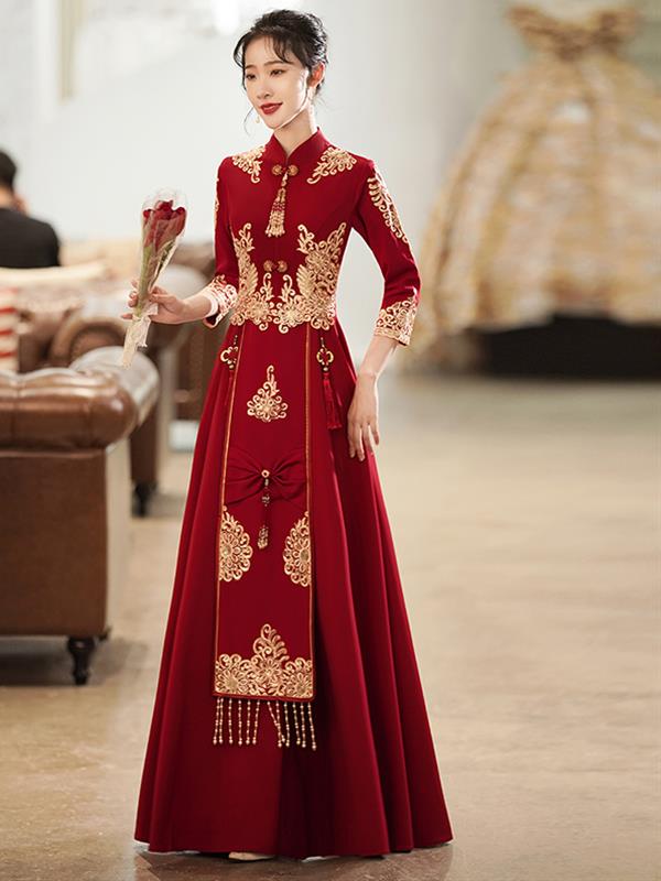 Bride Summer Marry Xiuhe clothing Long-sleeves Red Qipao Wedding