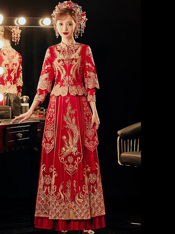 Xiuhe clothing Bride Marry Tradition Dragon and Phoenix gown Qipao cheongsam Xiuhe Wedding