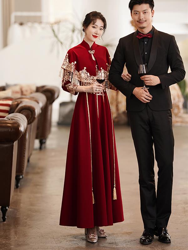 Bride Qipao cheongsam Red Marry Evening dress Long-sleeves Qipao Wedding